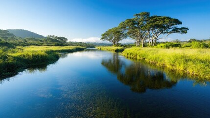 Obraz premium tranquil river meanders through verdant landscape under clear blue sky reflecting towering trees on its shimmering