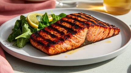 Grilled salmon fillet with fresh arugula and lemon