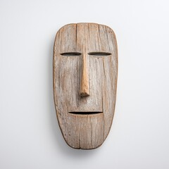 Weathered Wooden Mask with Serene Expression Against White Background