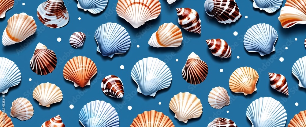 Poster seashells pattern on cyan plain background digital abstract art work illustration design