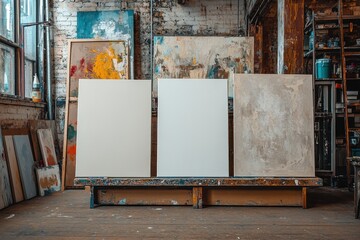 Obraz premium Three blank canvases sit on a rustic bench in an artist's studio. Perfect for showcasing artwork, mockups, or adding your own designs.