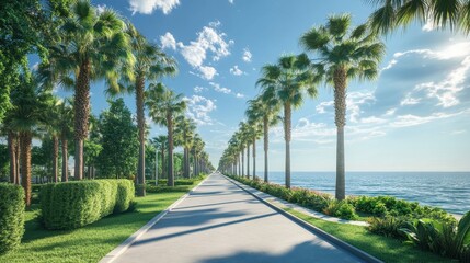 Obraz premium Scenic coastal road lined with palm trees, lush greenery, and a clear blue ocean. Perfect for travel, vacation, or relaxation themed projects.