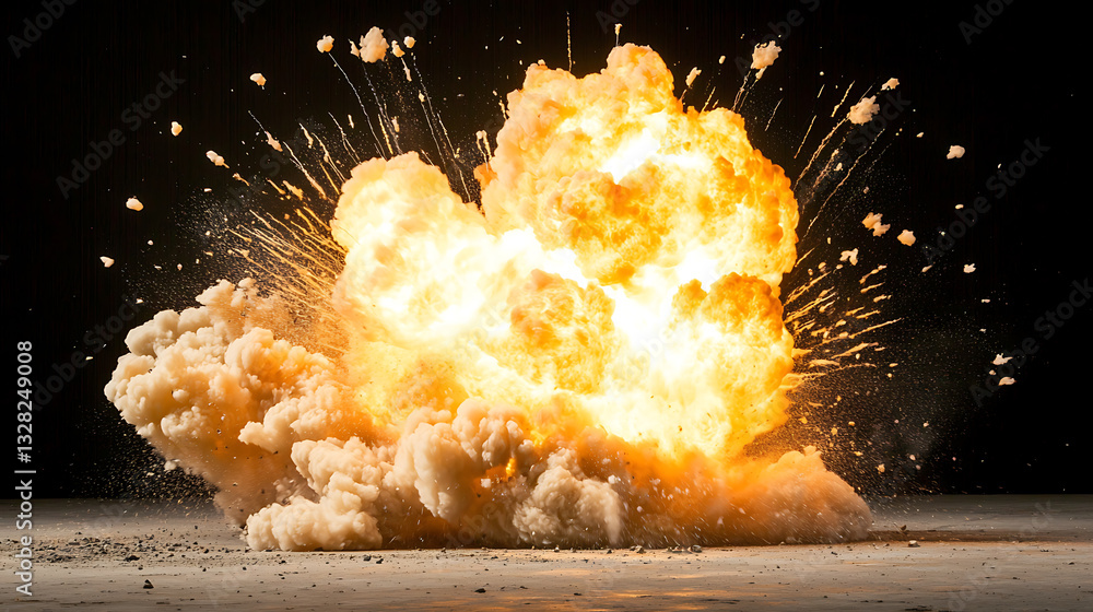 Poster massive explosion event industrial site visual content dark environment dynamic viewpoint destructio