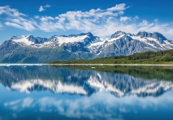 Fototapeta premium Majestic Snow-Capped Mountains Reflected in Calm Lake with Clear Blue Sky and Lush Greenery in a Scenic Wilderness Landscape