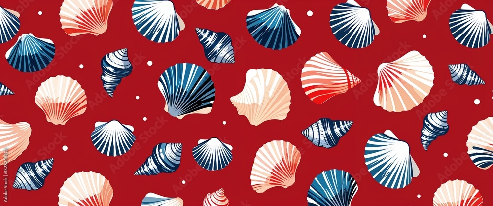 Poster seashells pattern on red plain background digital abstract art work illustration design