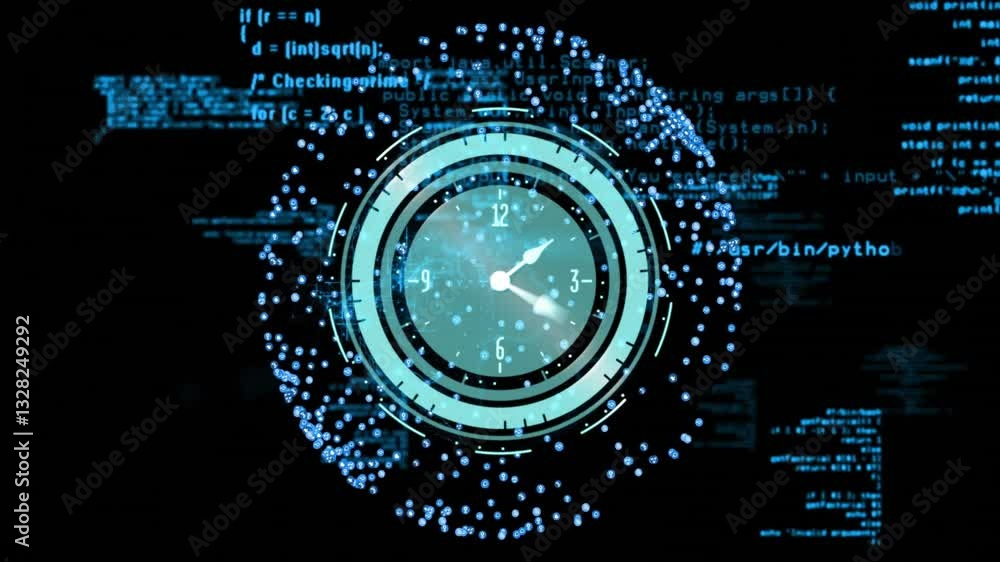 Poster clock face surrounded by digital code and data processing animation