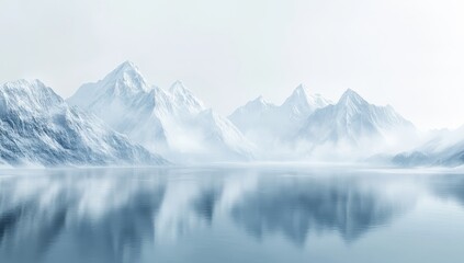 Obraz premium Majestic Snow-Capped Mountains Reflected in Tranquil Frozen Lake Under Soft Winter Fog in a Ethereal Landscape of White and Blue Hues