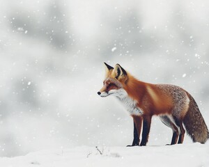 Obraz premium A playful fox exploring a snowy terrain with crystal clear snowflakes falling all around