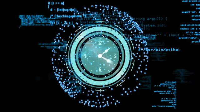 Clock face surrounded by digital code and data processing animation