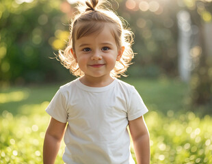 Cute Girl in White T-shirt Mockup Smiling Outdoors, Baby Girl Tee Mock up