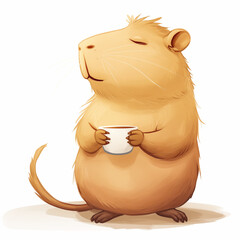 Cute Capybara Illustration Enjoying Coffee, Watercolor Capybara Animal Illustration on white background