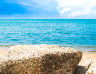 Stage stone on sea summer background nature travel, cement table on sea blue sky, top Deck mockup product beauty cosmetic presentation, stage on water island at coast backdrop tourism relax