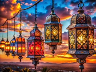 Obraz premium Panoramic Twilight: Vibrant Moroccan Lanterns Glow in Dusk Sky