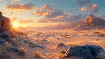Majestic sunset over a vast, sandy desert landscape with rocky outcrops and distant mountains.