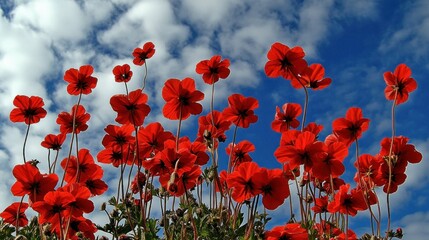 Obraz premium Vibrant Red Flowers Against a Sky with Fluffy Clouds and Bright Blue Backdrop