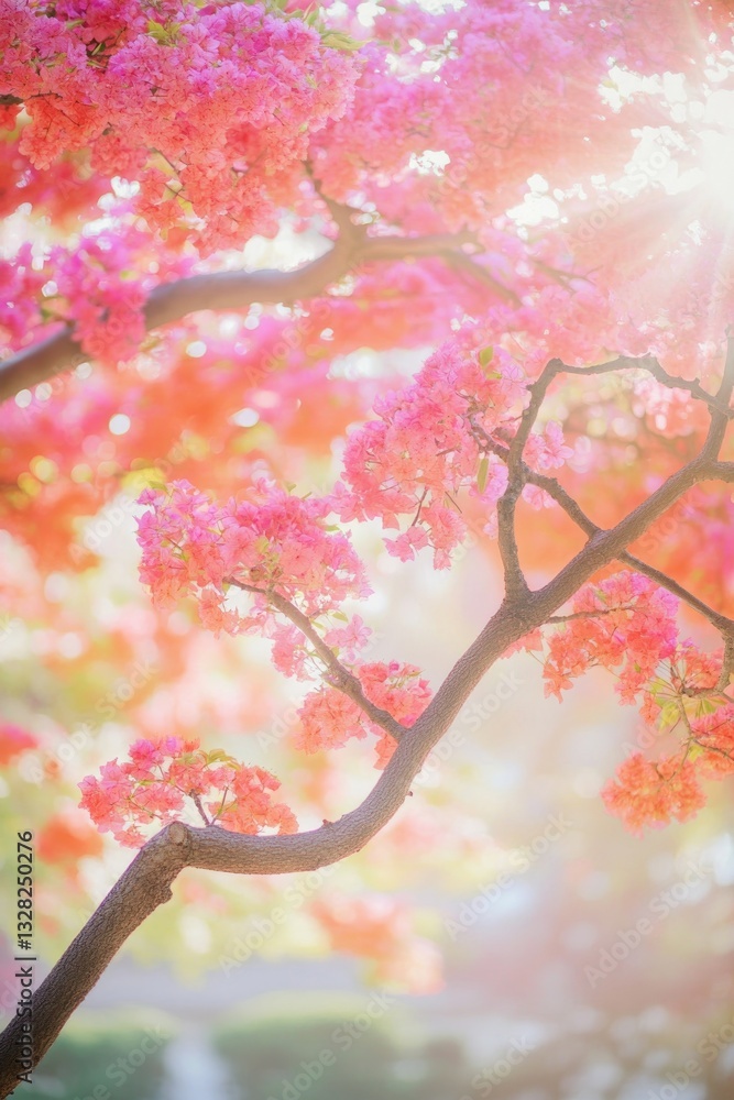 Poster vibrant scene of tree in full bloom with sunlight filtering through its colorful canopy