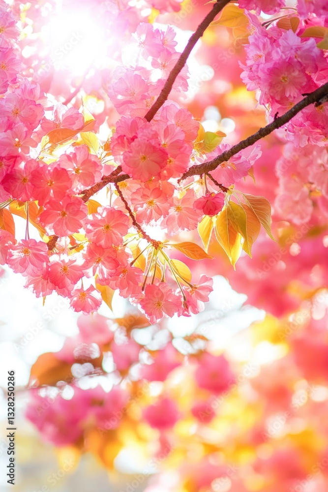 Poster vibrant scene of tree in full bloom with sunlight filtering through its colorful canopy
