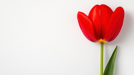Vibrant Red Tulip with Water Droplets on Off White Background