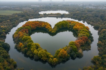 Heart-Shaped Island Surrounded by Calm Waters and Autumn Colors in Nature Scene
