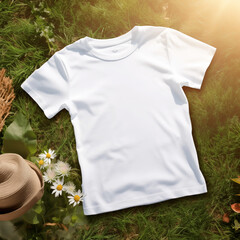 White T-shirt Mockup on Green Grass with Daisies and Hat, White Tee Mock Up
