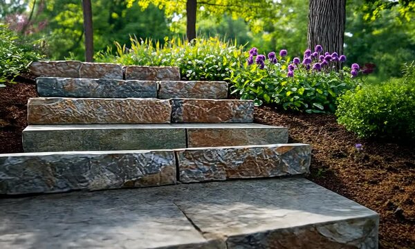 Stone steps leading through a vibrant garden with blooming flowers and lush greenery