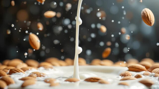 Creamy almond milk beverage with splash of nuts for healthy, dairy free delight in every refreshing sip.