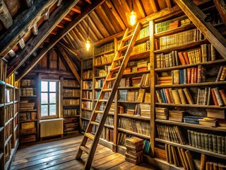 Obraz premium Panoramic View of Antique Books Stacked on Old Wooden Shelves in Dusty Attic