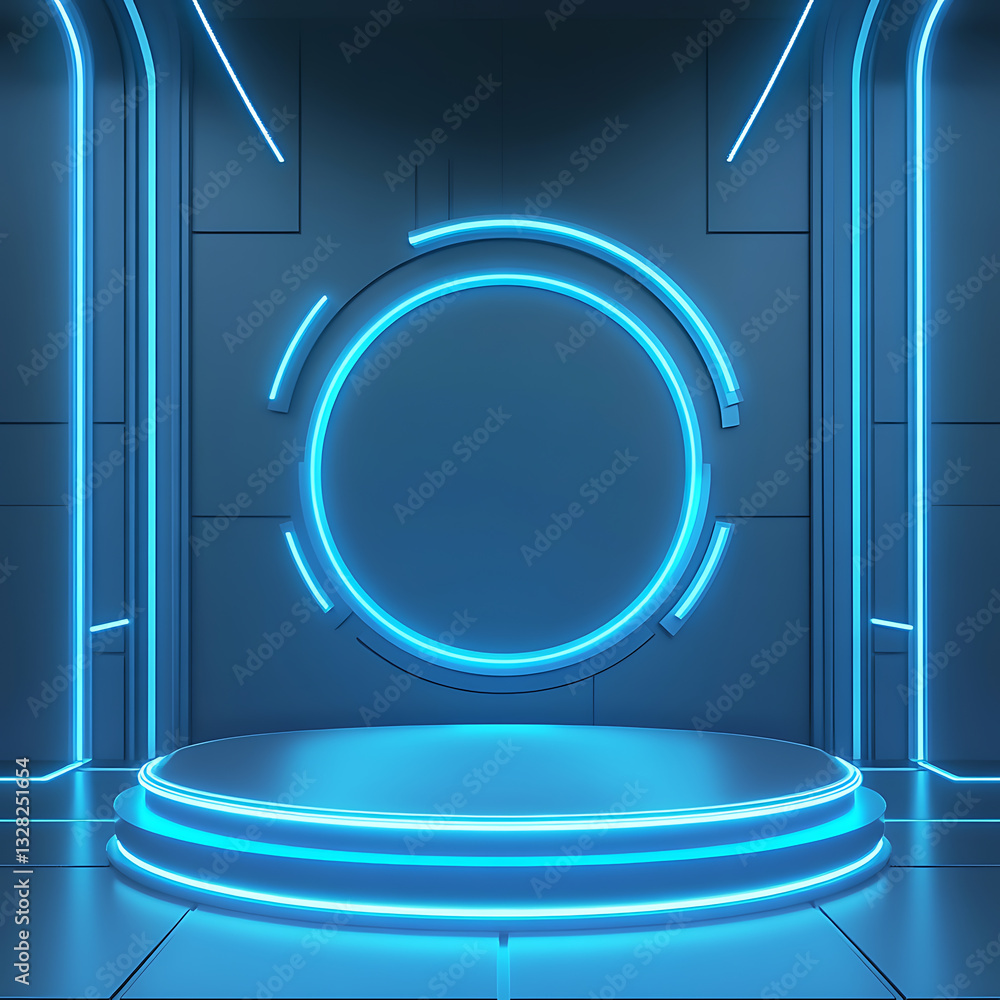 Aufkleber dynamic blue neon stage setup modern studio digital art futuristic environment centered view visual 