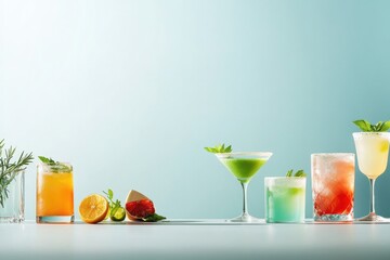 wondrous array of vividly colored cocktails rests on sleek bar counter surrounded by elegant glassware and fresh garnish - obrazy, fototapety, plakaty
