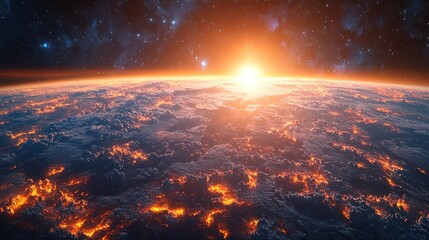 Fototapeta premium Fiery sunrise over Earth, showing clouds and glowing landmasses from space.