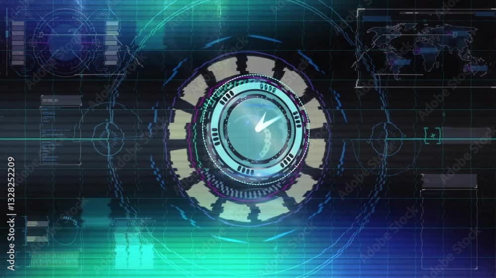 Poster animation of rotating circular elements and world map graphics in digital interface
