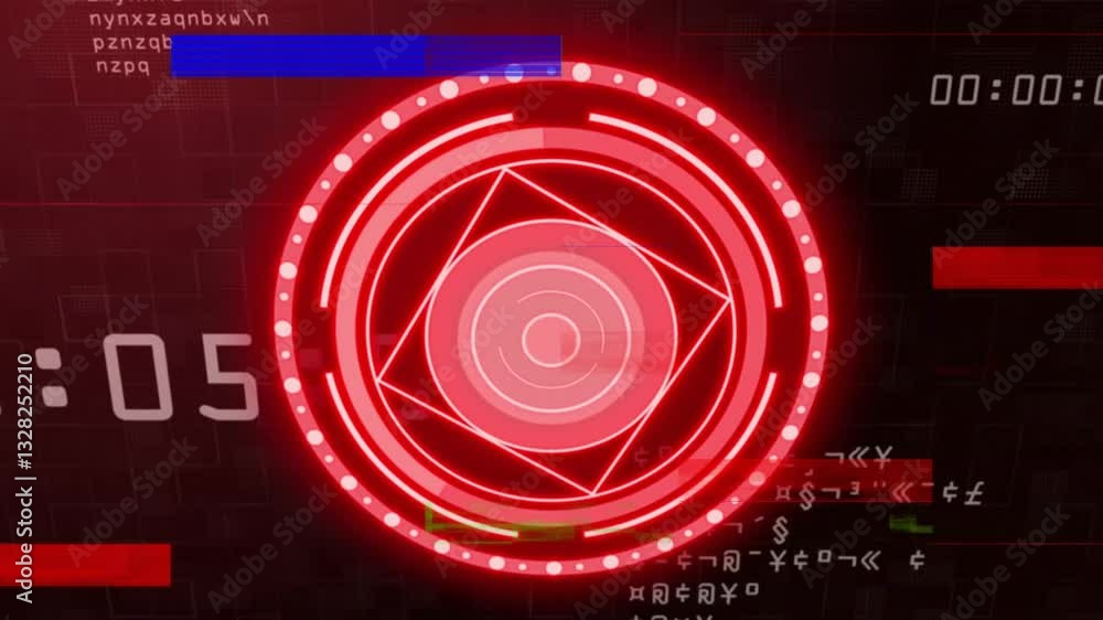 Poster animation of glowing red circles with cryptic text on futuristic digital interface