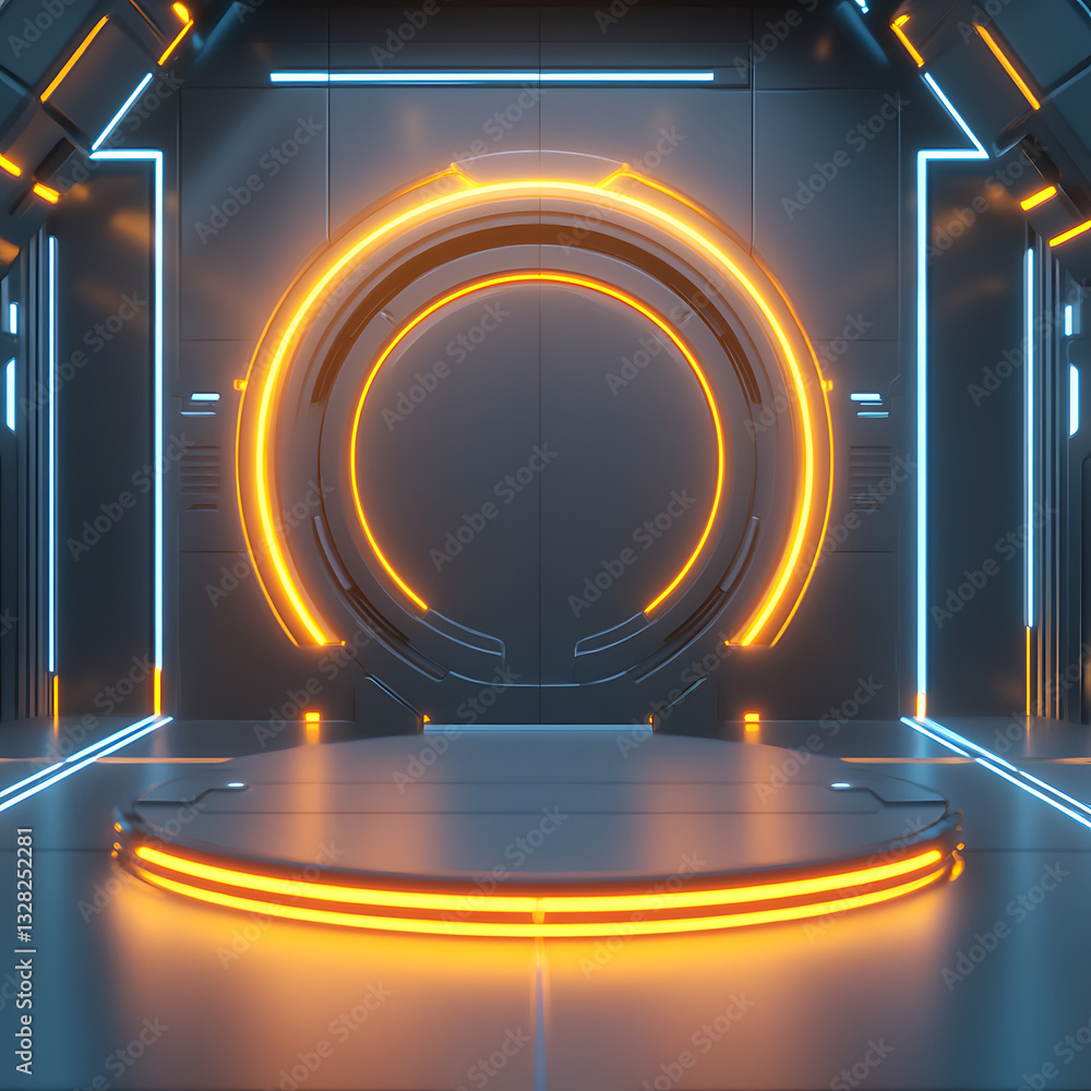 Poster futuristic neon portal design virtual studio 3d render sci-fi environment dynamic perspective concep