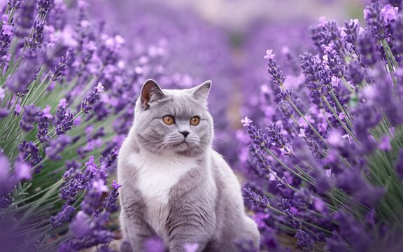Pet Influencer, Gray cat amidst lavender field