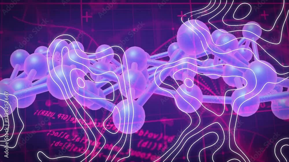 Poster animation of molecular structure with glowing lines and spheres over scientific data