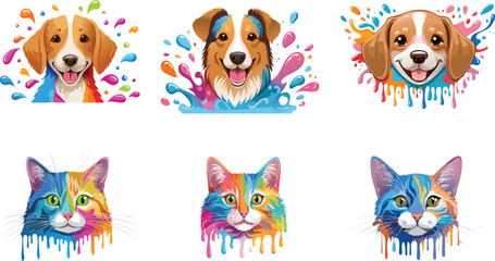 Obraz premium Portrait of a cute cat and dog with fluid colors dripping