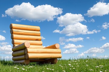 Rustic Log Armchair in a Daisy Field under a Sunny Sky