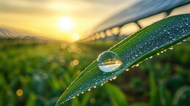 Large water droplet on a green leaf reflecting sunlight over a vast agricultural field with endless rows of solar panels
