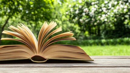 Open book on wooden table outdoors.