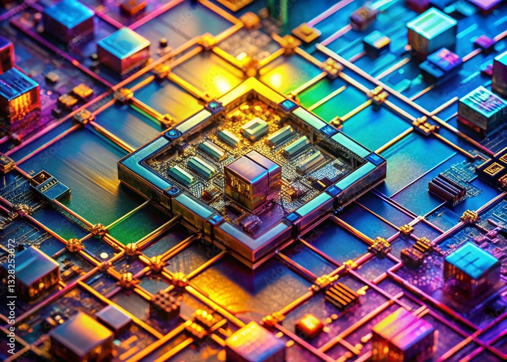Poster panoramic view of microscopic field-effect transistor circuitry