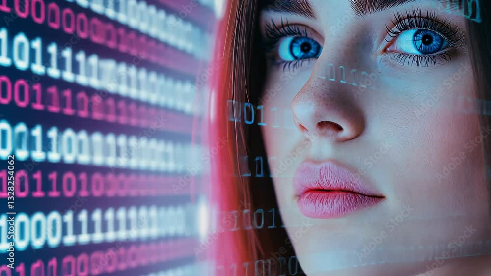 Poster woman engaged with virtual computer interface, technology innovation, digital display focus, data vi