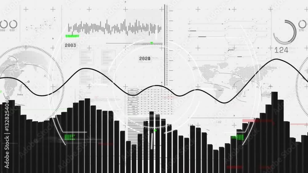 Poster creating animation with bar graphs and line charts on digital interface