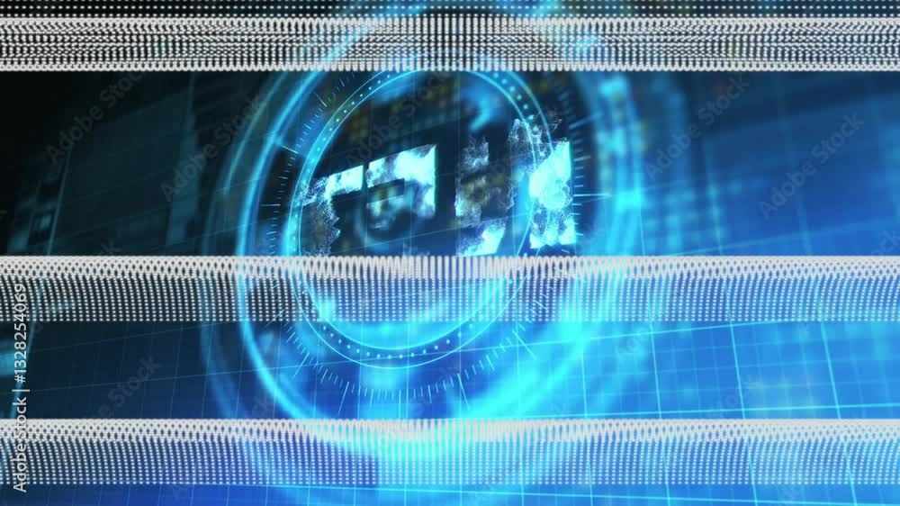 Poster animation of digital globe with blue light patterns and horizontal data lines