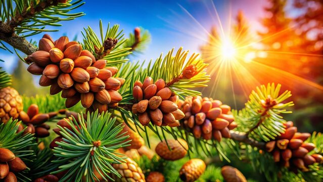 Panoramic View of Pine Nuts on Branches - Pignons de Pin Harvest