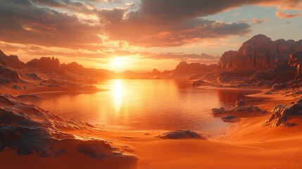 Obraz premium Vibrant sunset over serene desert lake.