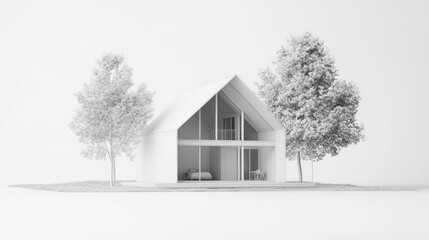 Modern minimalist house model, rendering, trees, design, architecture, background, 3D, illustration, digital
