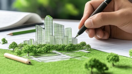 ESG Investing Trends Concept. A hand sketches a green architectural model of a city skyline on paper, surrounded by greenery and tools, symbolizing design and planning.