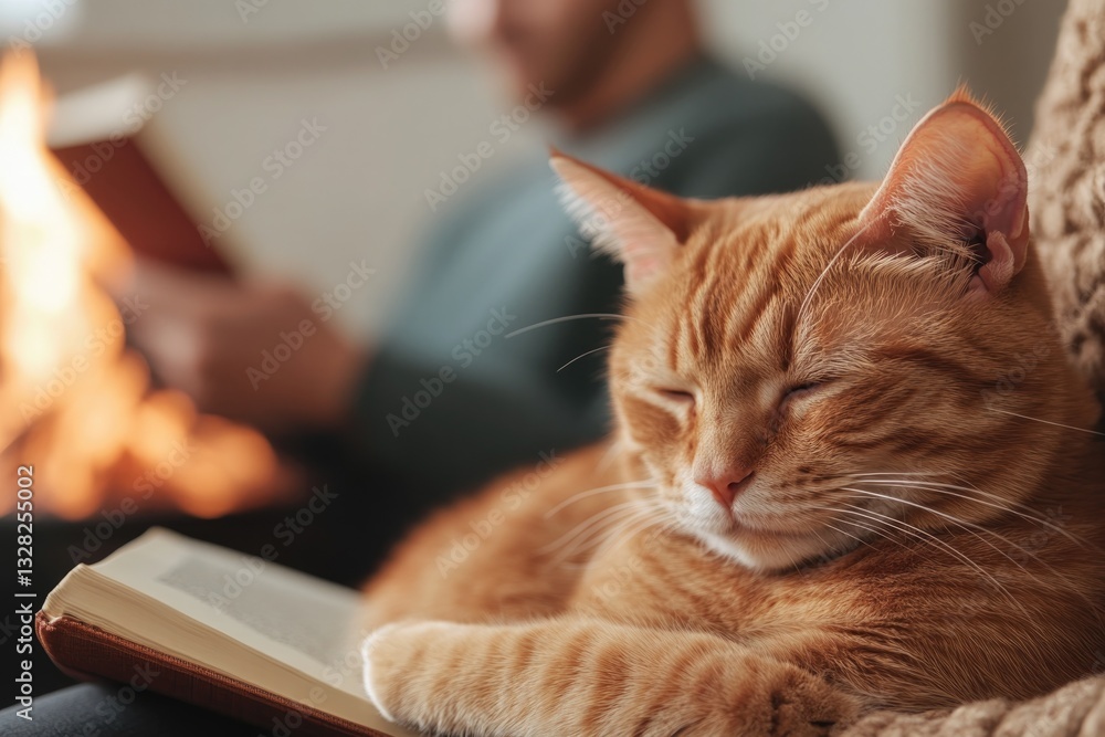 Poster engaging photo of cat curled up on chair by fire person reading book in background creating warm and