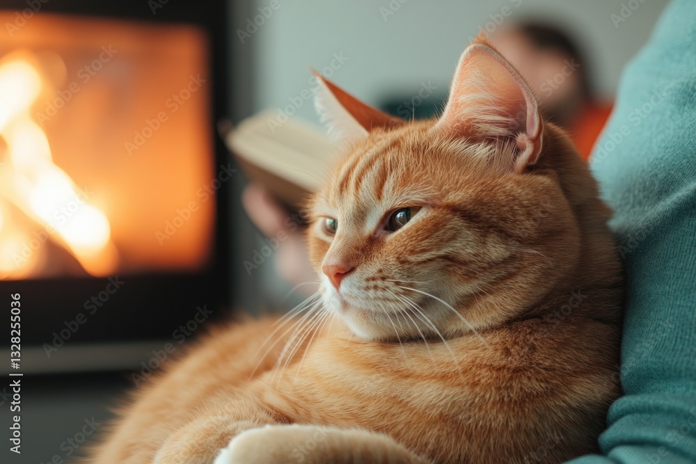 Poster engaging photo of cat curled up on chair by fire person reading book in background creating warm and