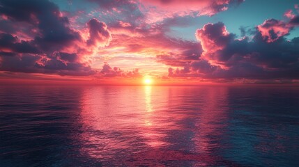 Obraz premium Vibrant sunset over calm ocean, colorful clouds reflecting on water.